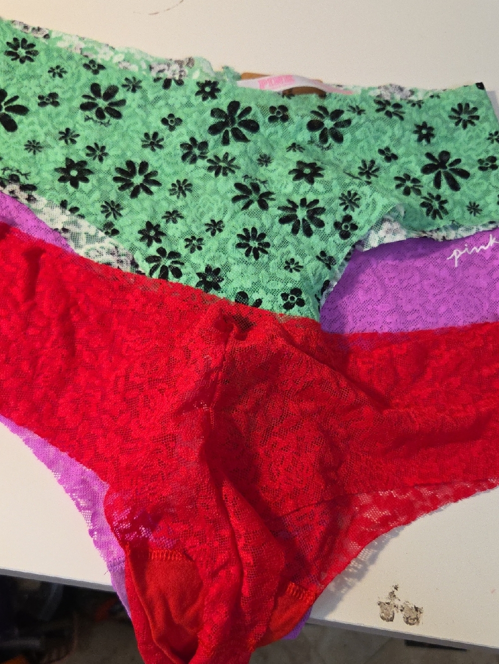 PINK Victoria's Secret Lace Bikini Briefs - Green, Red & Purple Set Of 3